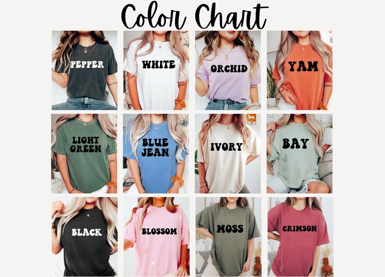 Op de afbeelding: Kleurenkaart met 12 verschillende T-shirt kleuren met de kleurnaam in wit op elk shirt gedrukt. De kleuren zijn: Pepper, Wit, Orchidee, Yam, Lichtgroen, Blauw Jeans, Ivoor, Baai, Zwart, Bloesem, Mos, en Koraalrood.