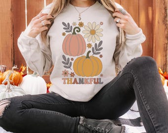 Boho Floral Pumpkin Sweatshirt, Retro Thanksgiving Hoodie