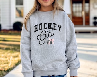 Retro Hockey Girl Youth Sweatshirt, Pink Bow Hockey Youth Hoodie, Cute Girls Hockey Shirt, Kids Hockey Outfit, Youth Player Gift