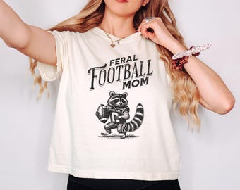 Funny Feral Football Mom Comfort Colors Crop Top, Retro Raccoon Boxy Tee, Football Mama Gift