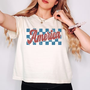 Retro Checkered America Comfort Colors Crop Top, Fourth of July Cropped Shirt, USA Patriotic Boxy Tee, America Cropped Top