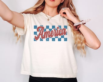 Retro Checkered America Crop Top: Comfort Colors Patriotic Tee