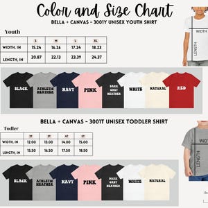 May include: Size chart for Bella + Canvas youth and toddler t-shirts. The chart shows the width and length measurements in inches for different sizes. The colors available are black, athletic heather, navy, pink, dark grey heather, white, natural, and red.