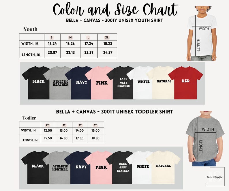 May include: Size chart for Bella + Canvas youth and toddler t-shirts. The chart shows the width and length measurements in inches for different sizes. The colors available are black, athletic heather, navy, pink, dark grey heather, white, natural, and red.