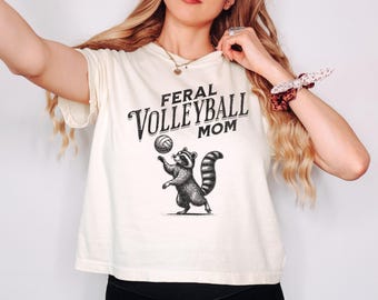 Funny Feral Volleyball Mom Comfort Colors Crop Top, Retro Raccoon Boxy Tee, Volleyball Mama Gift