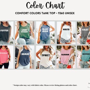May include: A colour chart for Comfort Colors tank tops, showcasing shades such as Pepper, Light Green, Blue Jean, White, Grey, Watermelon, Denim, Ivory, Blossom, and Seafoam. Each tank top has its colour name in bold white text.