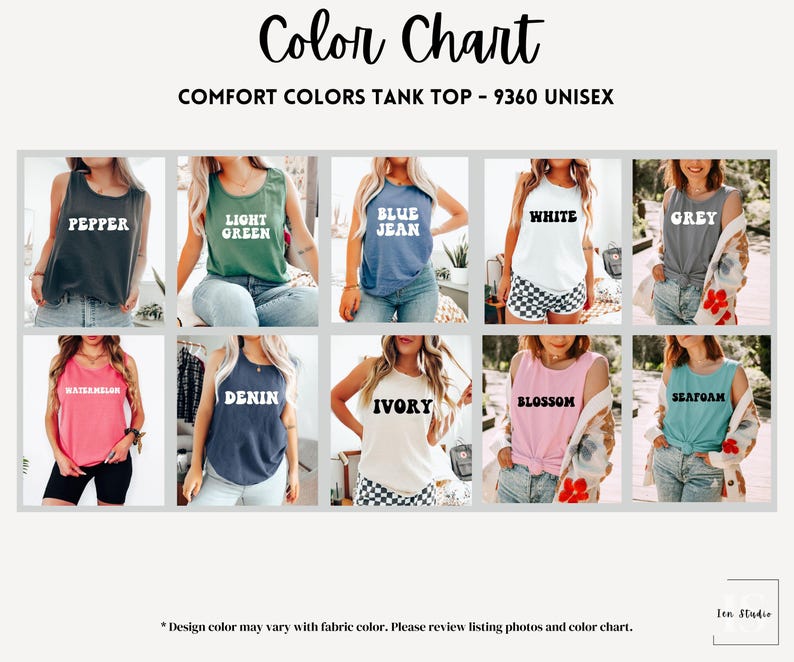 May include: A colour chart for Comfort Colors tank tops, showcasing shades such as Pepper, Light Green, Blue Jean, White, Grey, Watermelon, Denim, Ivory, Blossom, and Seafoam. Each tank top has its colour name in bold white text.
