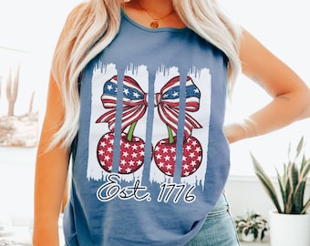 Patriotic Cherry Comfort Colors Tank Top: 4th of July USA Flag