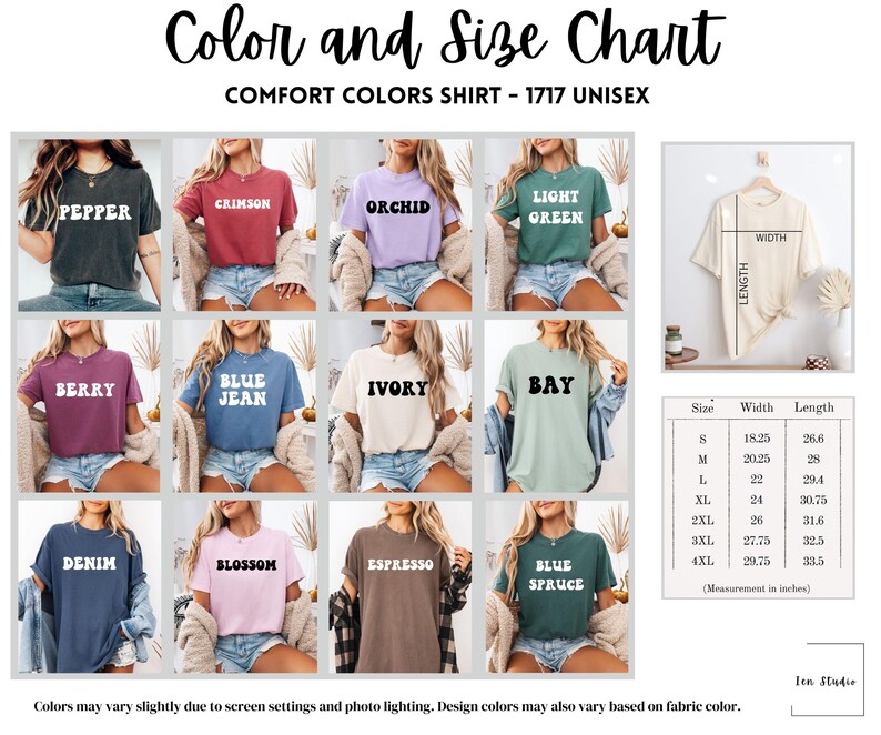 May include: Color and size chart for a unisex t-shirt. The chart shows 12 different colors of t-shirts, including pepper, crimson, orchid, light green, berry, blue jean, ivory, bay, denim, blossom, espresso, and blue spruce. The chart also includes a size chart with measurements in inches for sizes S through 4XL.