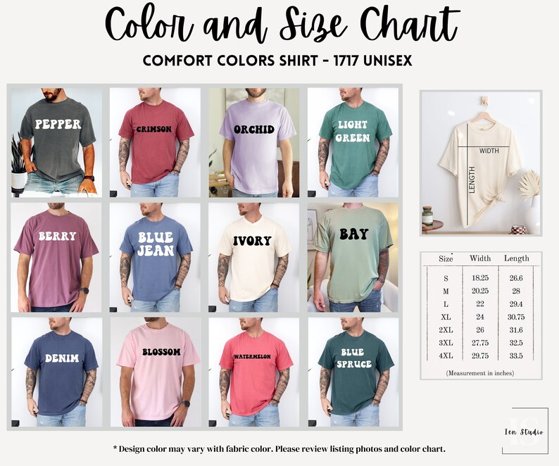 May include: Color and size chart for unisex t-shirts in various colors, including pepper, crimson, orchid, light green, berry, blue jean, ivory, bay, denim, blossom, watermelon, and blue spruce. The chart includes measurements in inches for sizes S through 4XL.