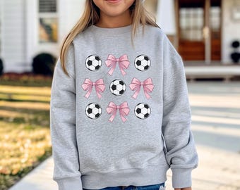 Pink Bow Soccer Youth Sweatshirt for Girls, Gift for Soccer Lover, Cute Ribbon Soccer Sister Youth Hoodie, Soccer Youth Shirt, Soccer Gifts