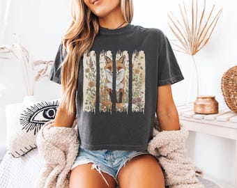 Cottagecore Fox Comfort Colors Crop Top, Floral Botanical Boxy Tee, Vintage Fox Gift, Boho Wildflowers