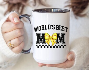 Worlds Best Softball Mom Mug, Retro Checkered Softball Mom Mug, Cute Softball Mom Bow Coffee Mug, Gift for Mom, Softball Gifts