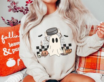 Retro Ghost Hockey Halloween Sweatshirt: Spooky Season Tee
