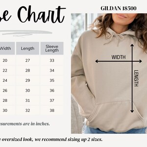 May include: Size chart for Gildan 18500 hoodies, showing width, length, and sleeve length measurements in inches for sizes S through 3XL. The chart shows a beige hoodie with a hood and a kangaroo pocket.