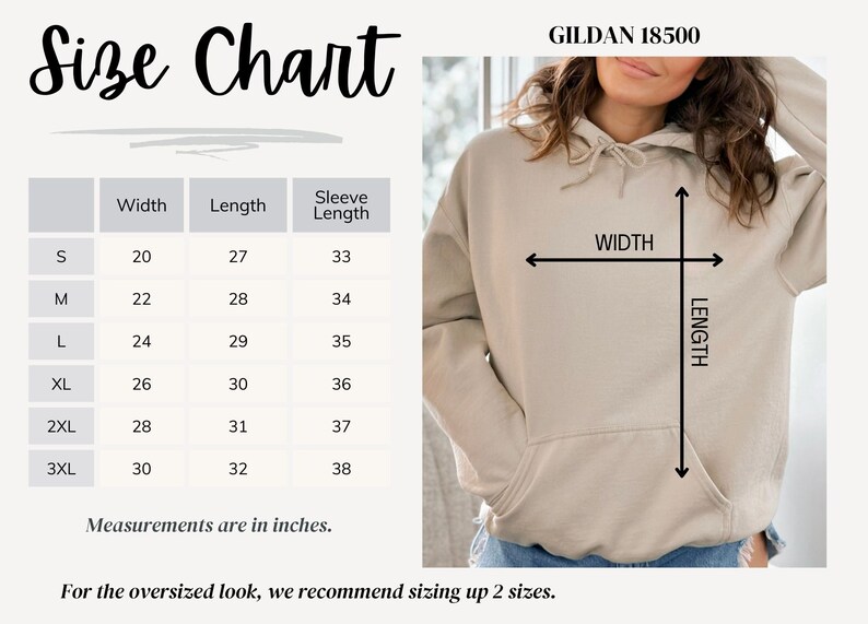 May include: Size chart for Gildan 18500 hoodies, showing width, length, and sleeve length measurements in inches for sizes S through 3XL. The chart shows a beige hoodie with a hood and a kangaroo pocket.