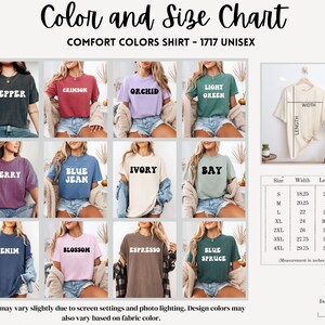 May include: Color and size chart for unisex t-shirts in various colors, including pepper, crimson, orchid, light green, berry, blue jean, ivory, bay, denim, blossom, espresso, and blue spruce. The chart shows the width and length measurements in inches for sizes S through 4XL.