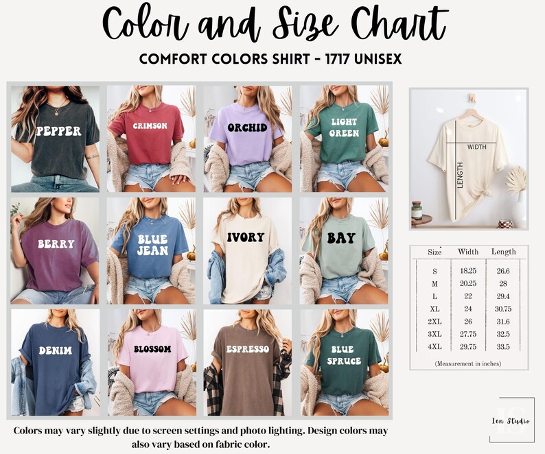 May include: Color and size chart for unisex t-shirts in various colors, including pepper, crimson, orchid, light green, berry, blue jean, ivory, bay, denim, blossom, espresso, and blue spruce. The chart shows the width and length measurements in inches for sizes S through 4XL.
