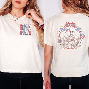 Retro Skeleton Born To Be Free Comfort Colors Crop Top, 4th of July Cropped Shirt, USA American Flag Boxy Tee, Patriotic Cropped Top
