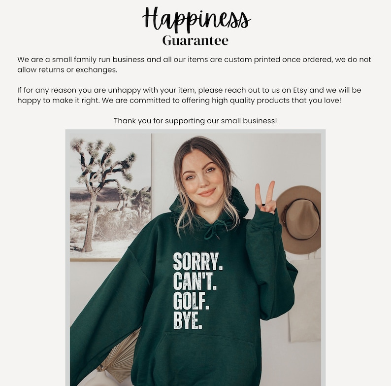 May include: A dark green hooded sweatshirt with the text "SORRY. CAN'T. GOLF. BYE." printed in white on the front.