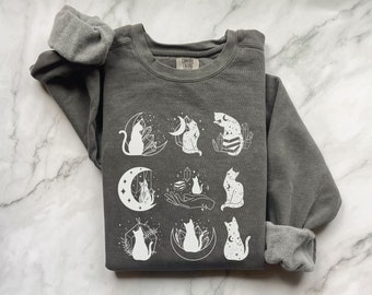 Celestial Cat Comfort Colors Sweatshirt, Witchy Cat Shirt, Mystical Moon Cat Tee, Cat Lover Gift, Whimsigoth Crewneck