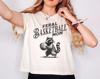 Funny Feral Basketball Mom Comfort Colors Crop Top, Retro Raccoon Boxy Tee, Basketball Mama Gift