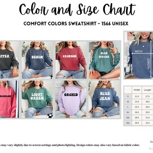 May include: Color and size chart for a unisex sweatshirt. The chart shows 10 different color options for the sweatshirt, including pepper, denim, crimson, blue spruce, watermelon, light green, orchid, blue jean, and two other colors. The chart also includes a size guide with measurements in inches for width, length, and sleeve length.