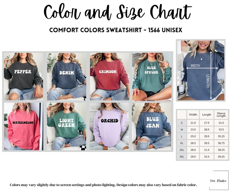 May include: Color and size chart for a unisex sweatshirt. The chart shows 10 different color options for the sweatshirt, including pepper, denim, crimson, blue spruce, watermelon, light green, orchid, blue jean, and two other colors. The chart also includes a size guide with measurements in inches for width, length, and sleeve length.
