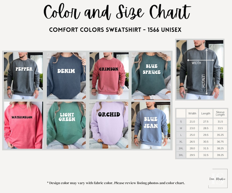 Puede incluir: Tabla de colores y tallas para una sudadera unisex. La tabla muestra 10 colores diferentes de sudaderas, incluyendo pimienta, denim, carmes&iacute;, azul abeto, sand&iacute;a, verde claro, orqu&iacute;dea, azul jean, y las medidas correspondientes para cada talla: S, M, L, XL, 2XL y 3XL. Las medidas est&aacute;n en pulgadas para el ancho, la longitud y la longitud de la manga.