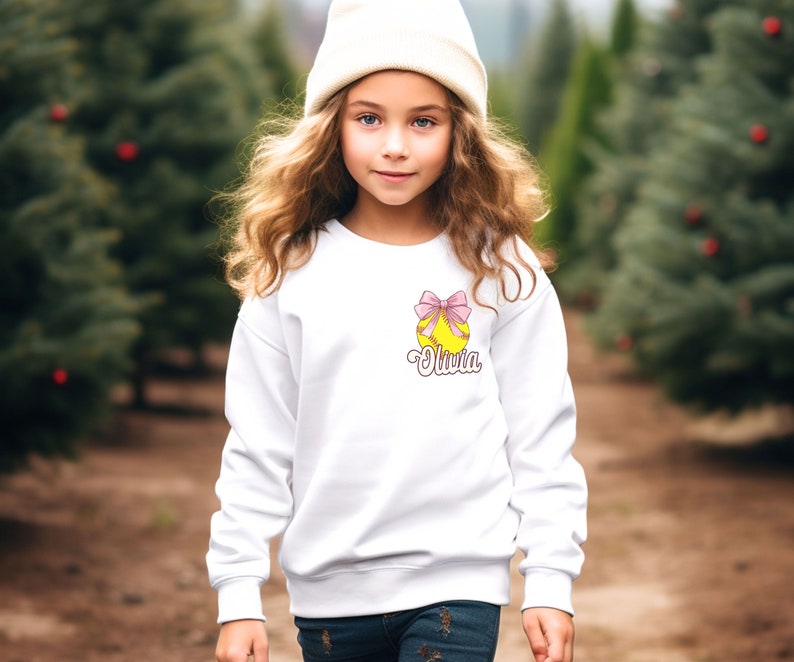 Custom Pink Bow Softball Youth Hoodie, Cute Ribbon Softball Youth Sweatshirt, Softball Gifts, Softball Sister Shirt, Softball Girl Kids Tee image 4