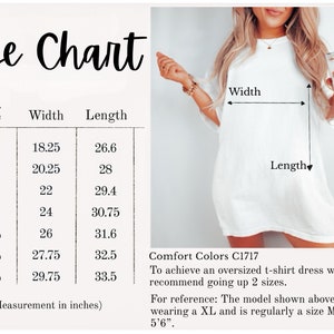 Op de afbeelding: Maattabel voor een t-shirtjurk met afmetingen in inches. De tabel toont de breedte en lengte van de jurk in de maten S tot en met 4XL. Comfort Colors C1717. Om een oversized t-shirtjurk te krijgen, raden we aan om 2 maten groter te nemen. Ter referentie: Het model dat hierboven wordt getoond draagt een XL en draagt normaal gesproken een maat M en is 1,68 m lang.