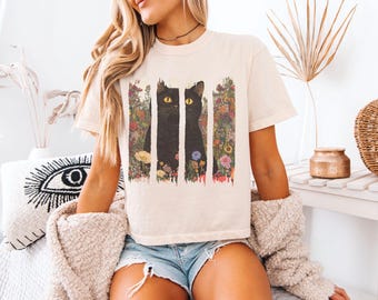 Cottagecore Cat Comfort Colors Crop Top: Floral Boho Boxy Tee