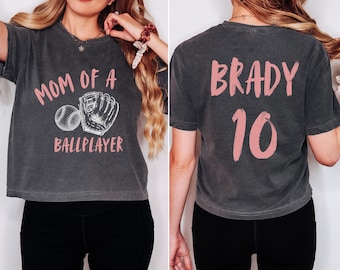 Personalized Mom of a Ballplayer Comfort Colors Crop Top, Retro Baseball Mama Boxy Tee, Custom Baseball Gift