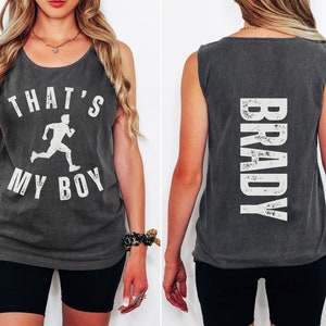 Custom That&#39;s My Boy Track Mom Comfort Colors Tank Top, Personalized Gift for Mom Dad, Cute Track Mom Tank, Track Tank Top, Track and Field
