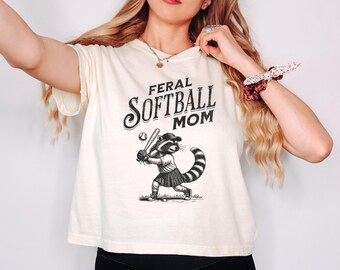 Feral Softball Mom Comfort Colors Crop Top, Funny Raccoon Softball Boxy Tee, Softball Mom Gift