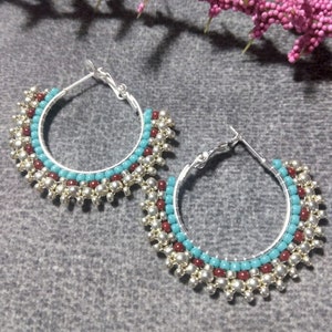 Turquoise and Silver Native American/Western Beaded Hoop Earrings, Handmade Gift for Her