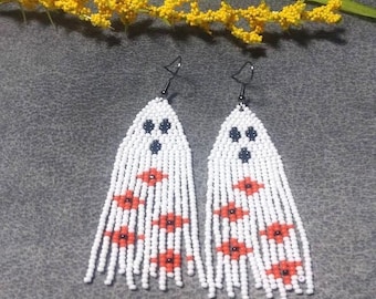 Halloween Geist Perlen Fransen Ohrringe: Handgemachte Tschechische Rocailles Perlen Weiß mit Orange Blumen