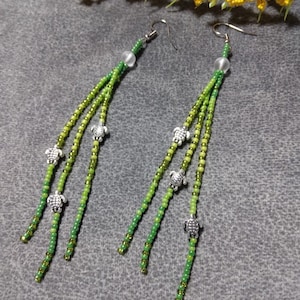 Green Ombre Beaded Tassel Earrings, Gradient Fringe Earrings with turtles, Handmade Gift for Her