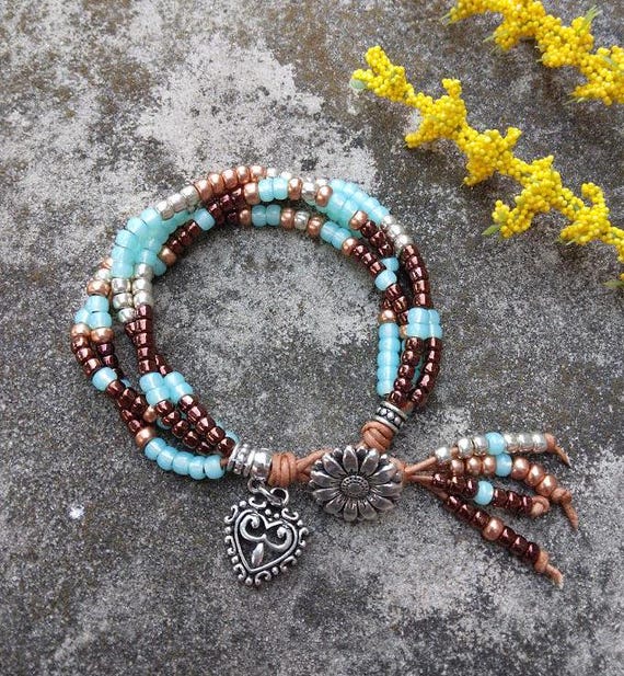 Turquoise Beaded Leather Wrap Bracelet: Handmade Silver  display picture 3
