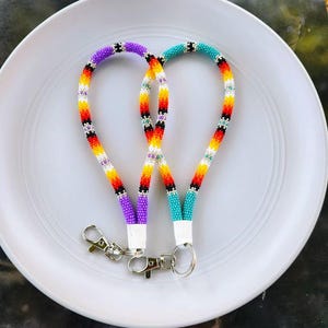 Handmade Beaded Wristlet Keychain: Native American Design, Turquoise or Purple & Fire Colors