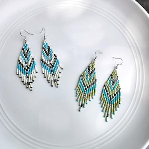 Western Fringe Beaded Earrings, Handmade Gift for Her, Blue and Green