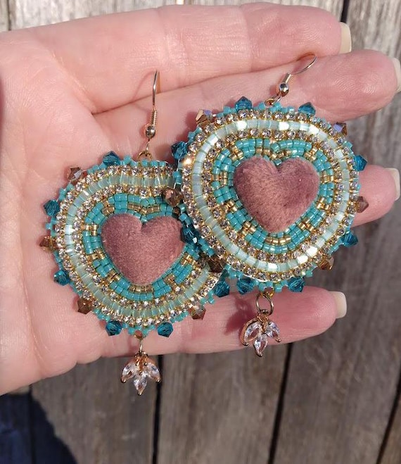 Handmade Beaded Native American Earrings, Velvet Hearts, Gift for
