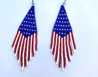 Patriotic Beaded Fringe Earrings: 4th of July USA Flag, Red White & Blue