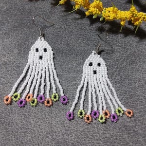Halloween Ghost Beaded Fringe Earrings: White with Neon Daisey Flowers