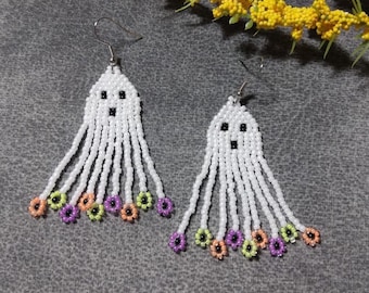 Halloween Ghost Beaded Fringe Earrings: White with Neon Daisey Flowers