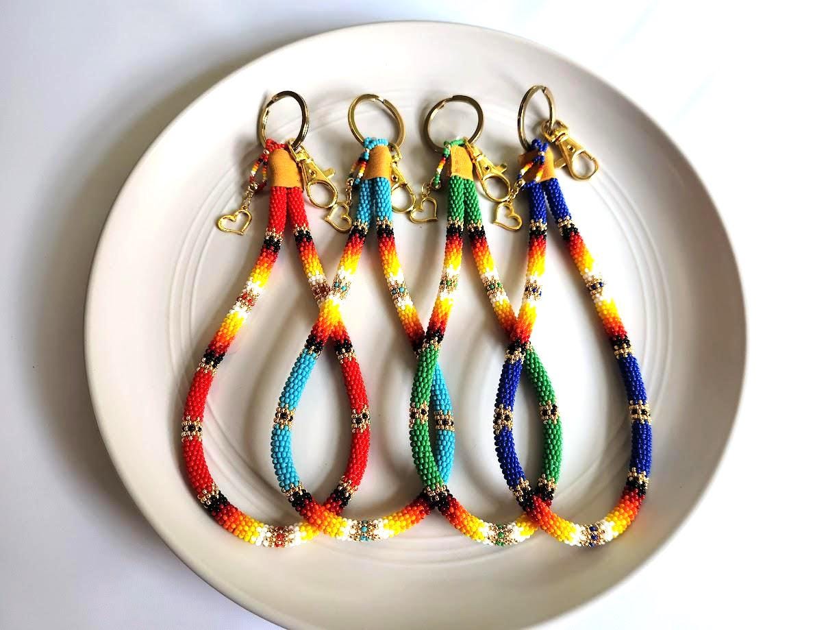 Handmade Beaded Wristlet Keychain: Native American Design Keychain