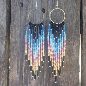 Blue/Pink Western Beaded Hoop Earrings, Handmade Gift for her
