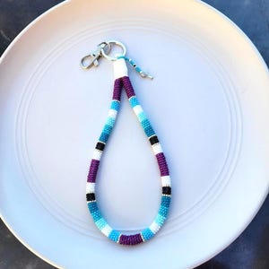 Handmade Beaded Wristlet Keychain: Native American Design, Purple & Blue