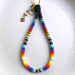 Handmade Beaded Wristlet Keychain: Native American Design, Rainbow & Black, Gold Swivel Hook