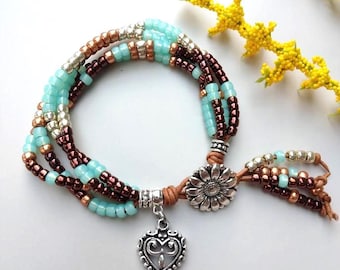 Turquoise Beaded Leather Wrap Bracelet: Handmade Silver Heart Charm